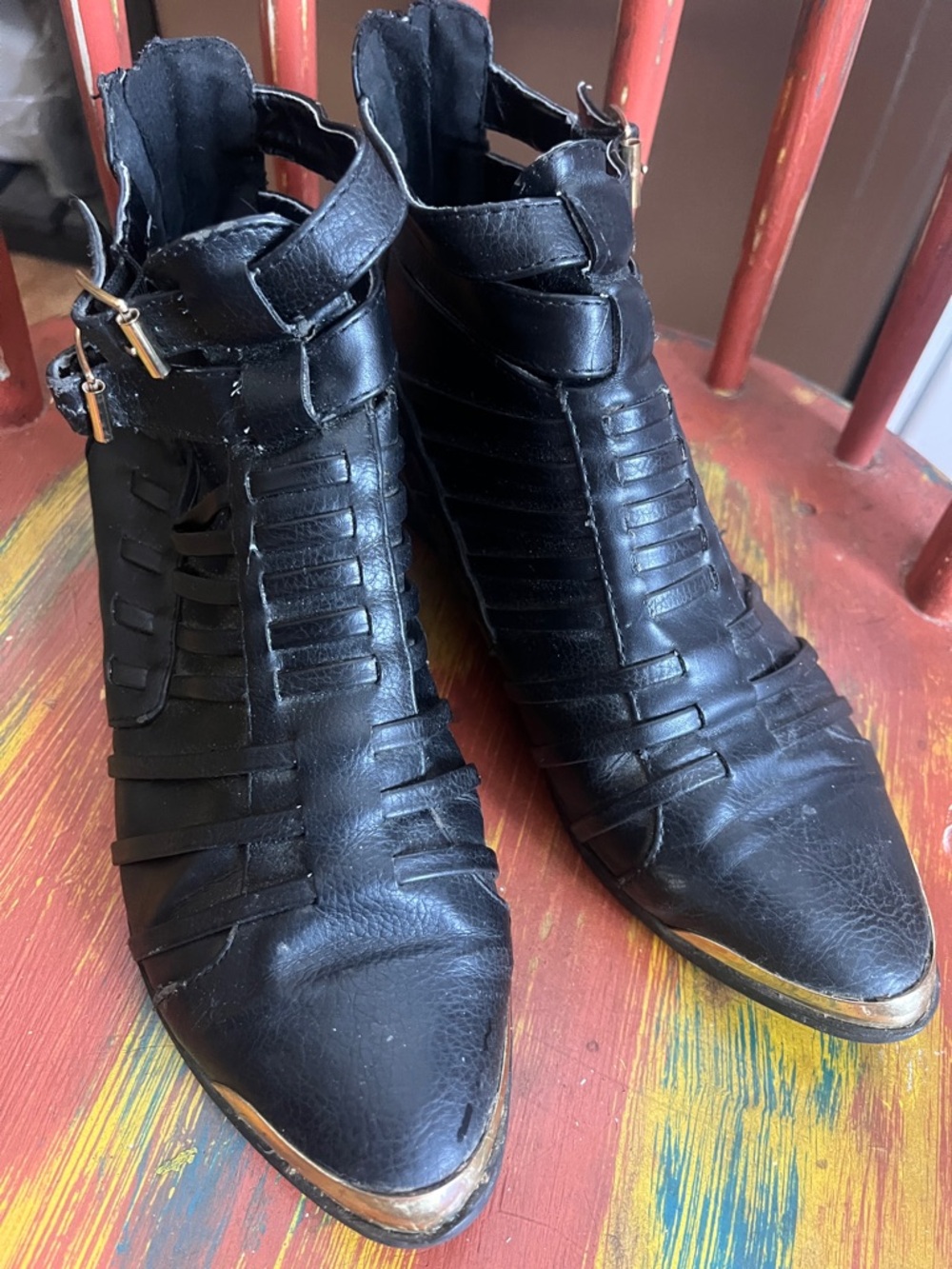 Qupid Black Strappy Pointed Ankle Booties with Gold Metal Toe/Heel Adornments